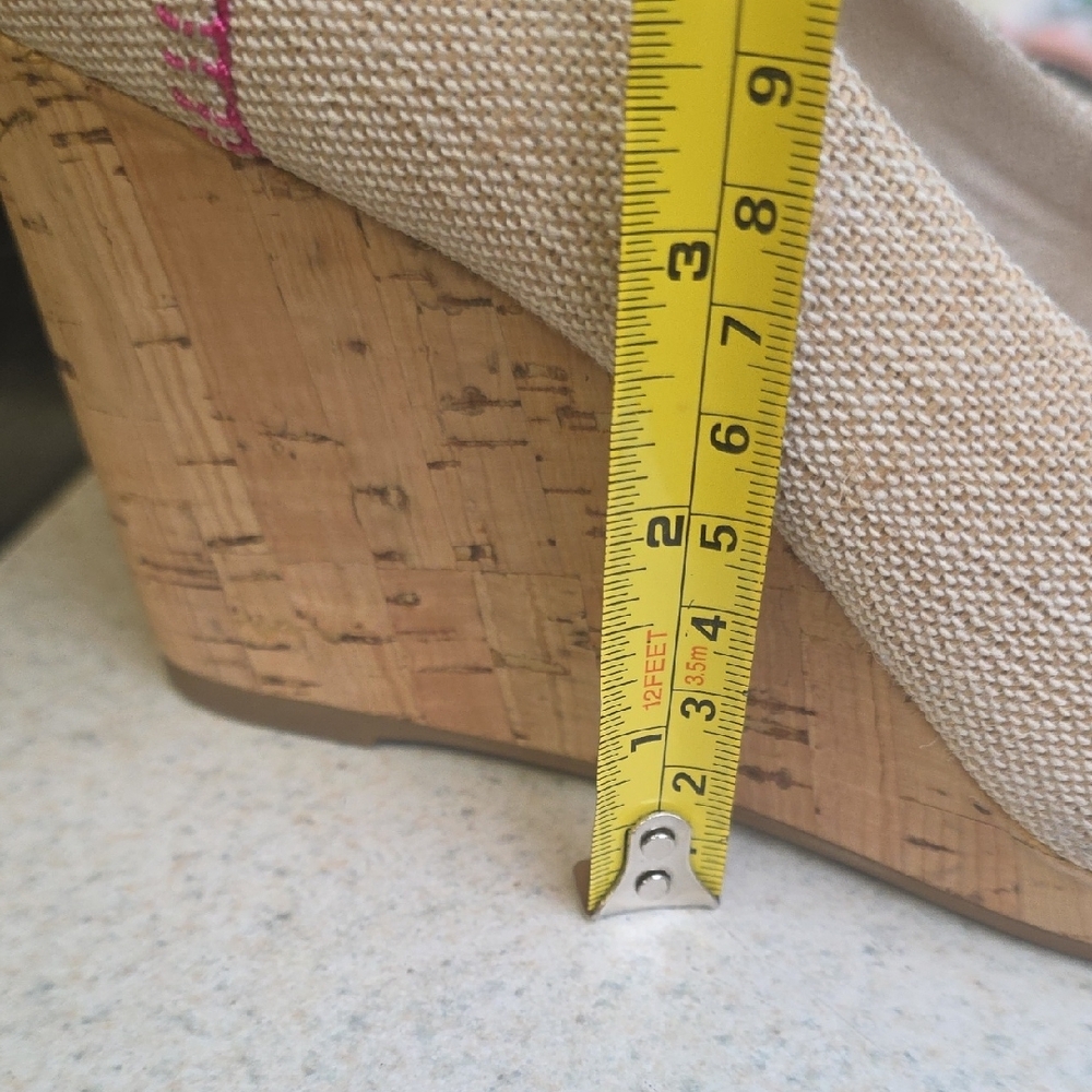 Toms Size 9 Stella Natural Burlap Embroidery Wedge Peep Toe Sandals - Picture 9 of 16